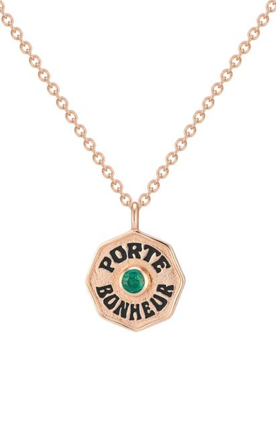 Marlo Laz Porte Bonheur Mini Coin Pendant Necklace In Rose Gold/emerald
