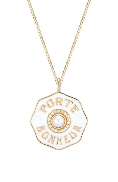 Marlo Laz Porte Bonheur Mini Coin Pendant Necklace With Pearl In Yellow Gold/ Pearl