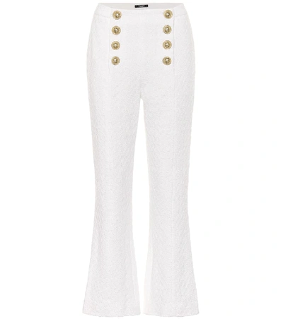 Balmain Button Detail Cotton Blend Tweed Crop Flare Trousers In Blanc