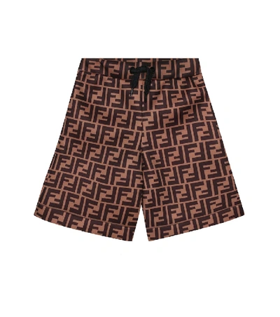 Fendi Kids' 提花棉质混纺短裤 In Brown