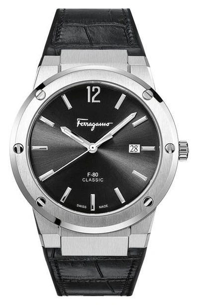 Ferragamo F-80 Croc Embossed Leather Strap Watch, 41mm In Black/ Silver