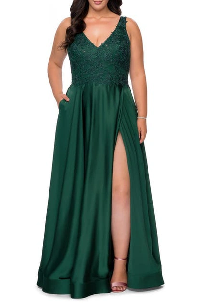 La Femme Beaded Satin Gown In Emerald