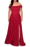 La Femme Plus Size Off-the-shoulder Jersey A-line Gown In Red