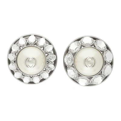 Gucci Silver Crystal & Pearl Interlocking G Earrings In 8521 Grey