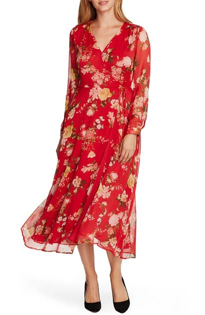 Vince Camuto Beautiful Blooms Long Sleeve Chiffon Midi Wrap Dress In Rhubarb