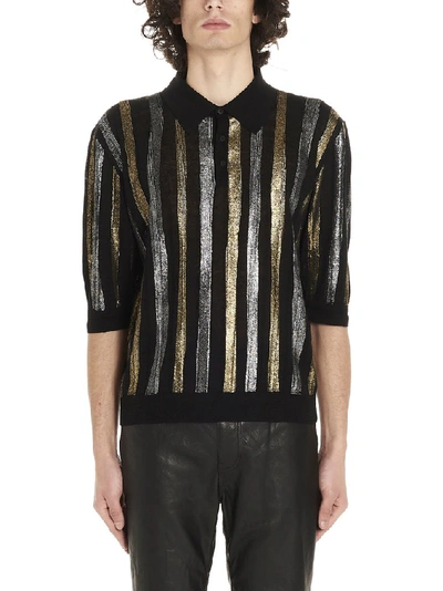 Saint Laurent Striped Linen & Silk Lurex Knit Polo In Nero.