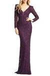 Mac Duggal Sequin & Pearl Beaded Long Sleeve Gown In Plum