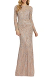 Mac Duggal Sequin & Pearl Beaded Long Sleeve Gown In Mocha