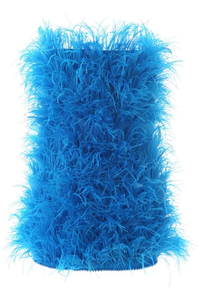 Attico Strapless Ostrich-feather Mini Dress In Blue