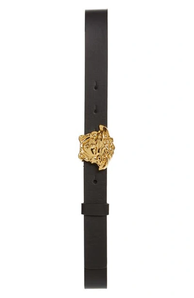 Versace Kids' Medusa Buckle Leather Belt In Black/ Hot Gold