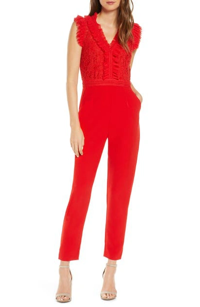 Adelyn Rae Deven Mesh & Lace Jumpsuit In Red
