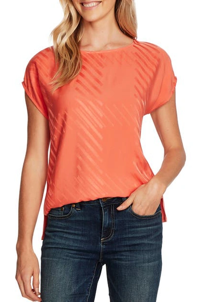 Vince Camuto Satin Jacquard Short Sleeve Top In Bright Coral