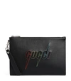 GUCCI LEATHER EMBROIDERED LOGO POUCH,15015741
