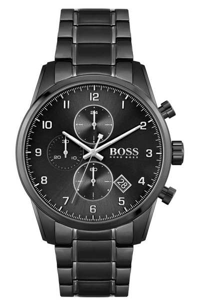 Hugo Boss Men's Chronograph Skymaster Black Stainless Steel Mesh Bracelet Watch 44mm Women's Shoes