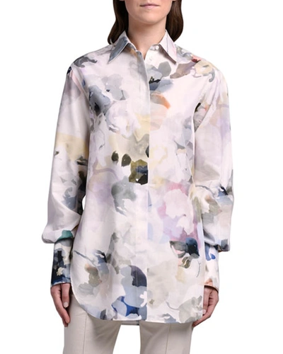 Agnona Watercolor Floral Print Shirt In White Pattern