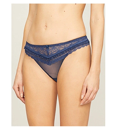 Aubade Odalisque Stretch-lace Thong In Gentiane