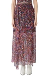Maje Shirred Floral-print Silk-crepon Maxi Skirt In Black / Pink