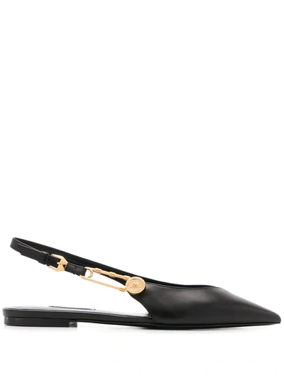 Versace Calf Leather Safety Pin Slingback Flats In Black