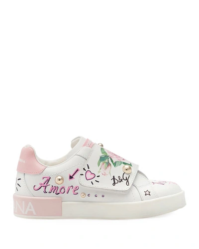 Dolce & Gabbana Floral Print Grip-strap Leather Sneakers, Toddler/kids In Multi