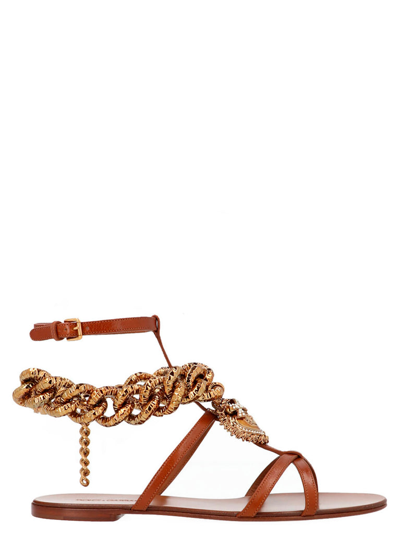 Dolce & Gabbana Chain Link-detailed Leather Sandals In Brown