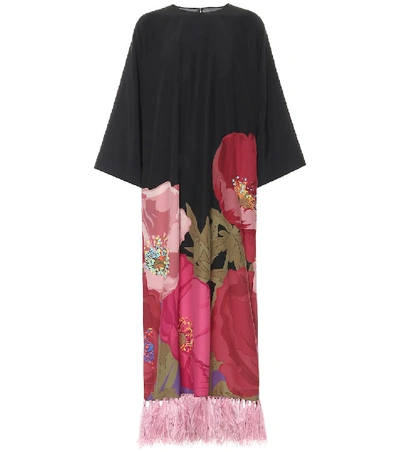 Valentino Feather-trimmed Floral-print Silk Crepe De Chine Maxi Dress In Black