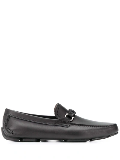 Ferragamo Black Leather Driver Gancini Loafers