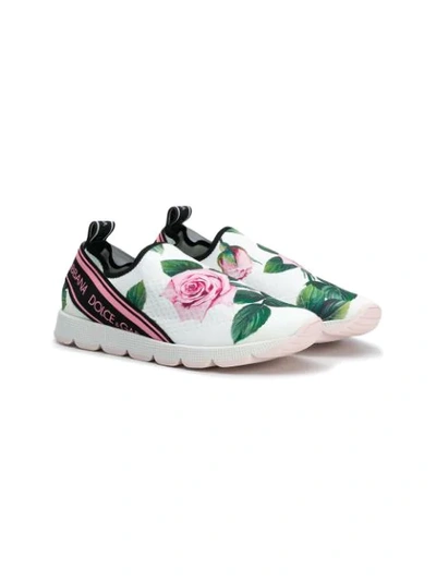 Dolce & Gabbana Kids' Rose Printed Knit Slip-on Trainers In White