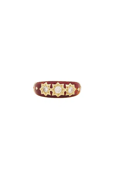 23carat Vintage Diamond Enamel Starburst Trilogy Ring In Red Enamel  Diamond  & 18k Gold Tone