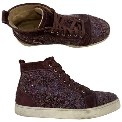 Pre-owned Christian Louboutin Glitter High Trainers In Burgundy