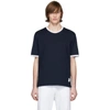 Thom Browne Mens Navy Ringer Brand-patch Stretch-wool T-shirt In 415 Navy