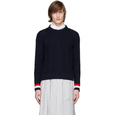 Thom Browne Aran Cable Knit Wool Crewneck Sweater In Blue
