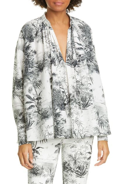 Adam Lippes Palm Print Cotton & Silk Voile Top In Palm Ivory/ Black