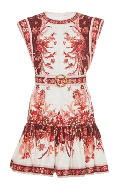Zimmermann Wavelength Belted Fluted Floral-print Linen Mini Dress In Multi