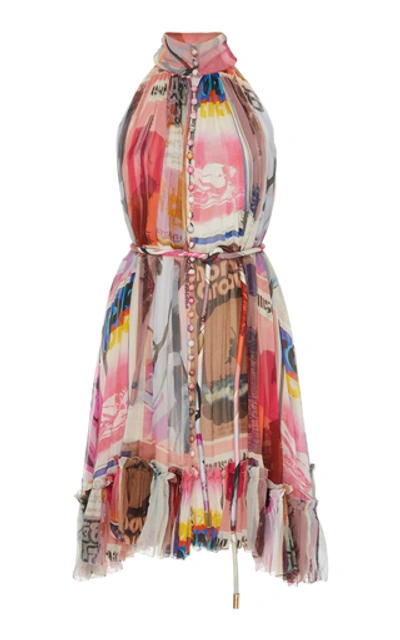 Zimmermann Wavelength Button-embellished Printed Silk-chiffon Mini Dre In Pinkpstr