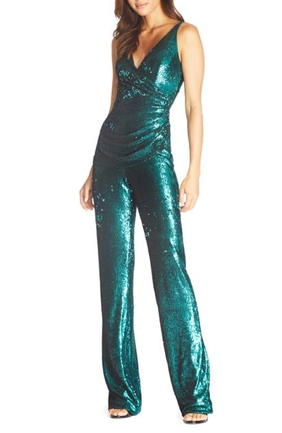 Dress The Population Ruched Detail Sequin Jumpsuit In Deep Emerald