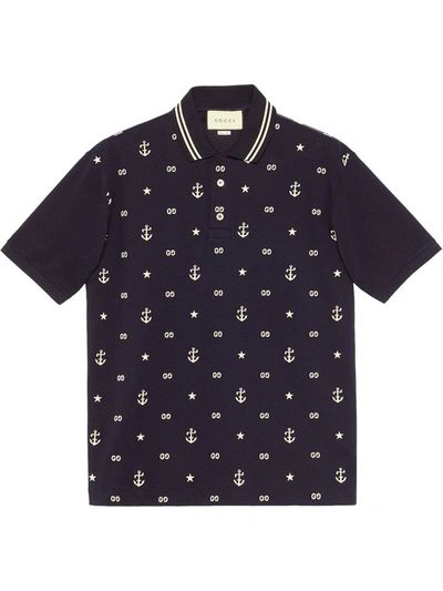 Gucci Contrast-tipped Logo-embroidered Stretch-cotton Piqué Polo Shirt In Blue