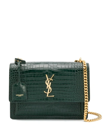 Saint Laurent Medium Sunset Croc Embossed Leather Bag In Green