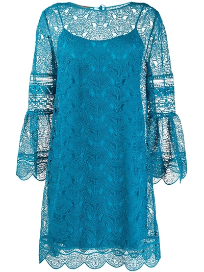 Alberta Ferretti 刺绣蕾丝层次连衣裙 In Blue
