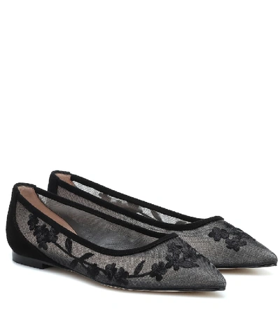 Stuart Weitzman Tasha Embroidered Mesh Ballet Flats In Black