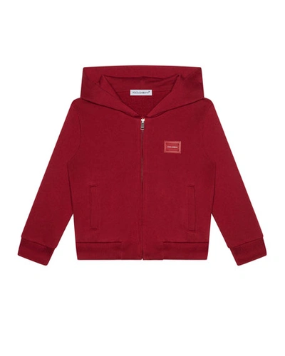 Dolce & Gabbana Kid's Logo Patch Zip-up Hooded Jacket In Dark Red