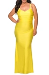 La Femme Ruched Satin Jersey Gown In Yellow