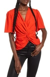 Endless Rose Twist Front Ruffle Sleeve Blouse In Red