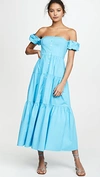 Staud Elio Off-the-shoulder Tiered Stretch-cotton Poplin Midi Dress In Bright Blue