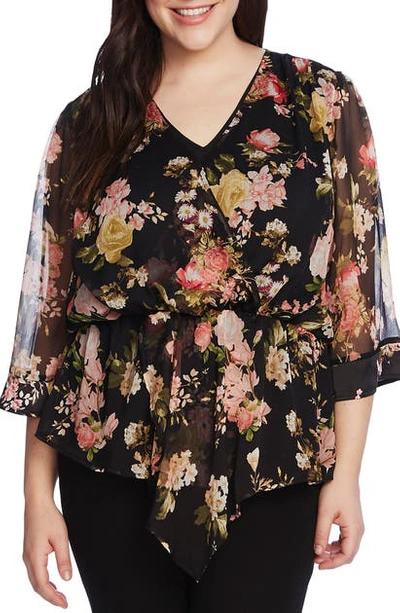 Vince Camuto Printed Asymmetrical Cinch-waist Blouse In Rich Black