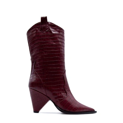 Aldo Castagna Red Cocodrile Effect Leather Boot In Burgundy