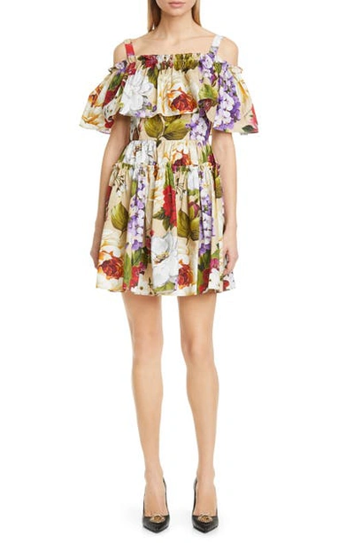 Dolce & Gabbana Floral Stretch Poplin Cold Shoulder Flounce Dress In Hk1al Tan Floral