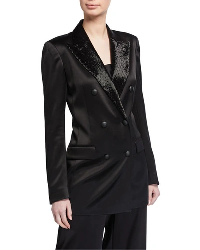 Lafayette 148 Saxon Double-breasted Satin Jacket W/ Embellishment In Black