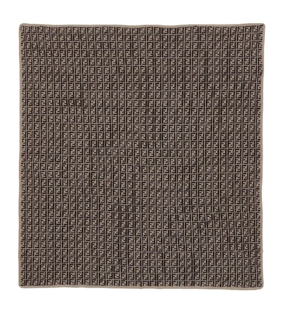 Fendi Baby品牌标志棉质羊绒混纺毛毯 In Brown