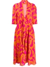 Off-white Leaf Print Plung Dress In Orange