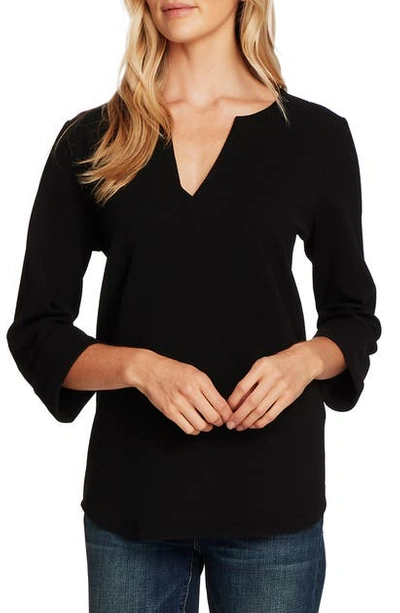 Vince Camuto Split Neck Textured Knit Top In Rich Black